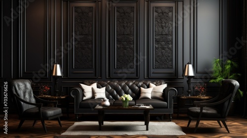 Black sofa and armchairs against a black classic wall. © crazyass