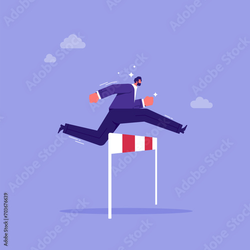 Overcome obstacles and success concept, obstacles or motivation to solve problem and lead company achievement, businessman jumping over hurdle race obstacle photo