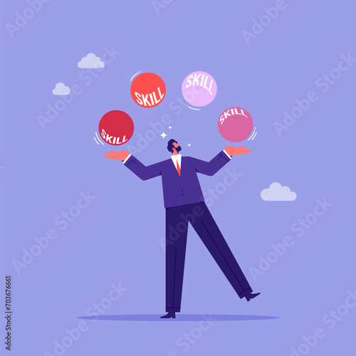 Productivity and management skill, multitasking work concept, skillful businessman juggling many skills