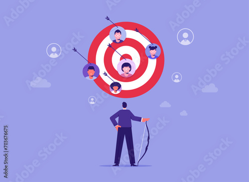 Target customer concept, customer attraction campaign, accurate promotion, advertising, businessman shooting bow on people target customer