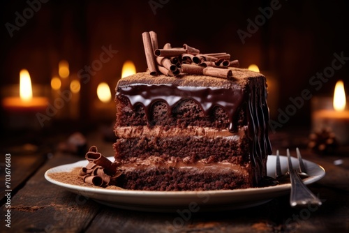 Chocolate cake topped with delicate chocolate curls.