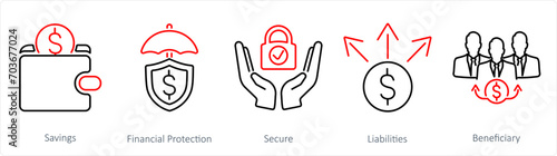 A set of 5 Insurance icons as savings, financial protection, secure