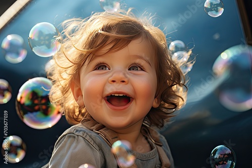 A happy baby and lots of soap bubbles.