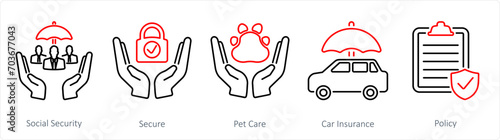 A set of 5 Insurance icons as social security, secure, pet care