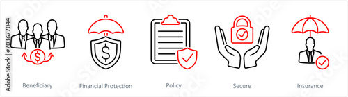 A set of 5 Insurance icons as beneficiary, financial protection, policy