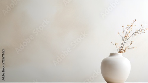Minimalistic light background featuring a ceramic vase with ample copy space