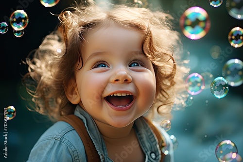 A laughing girl in a denim shirt and lots of soap bubbles.