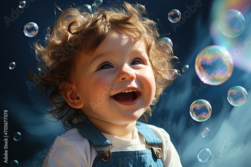 A laughing girl with her mouth open and flying soap bubbles.
