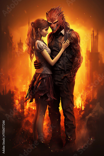 werewolf monster hugs a girl against background of fire. The cover of the horror book of a romantic novel