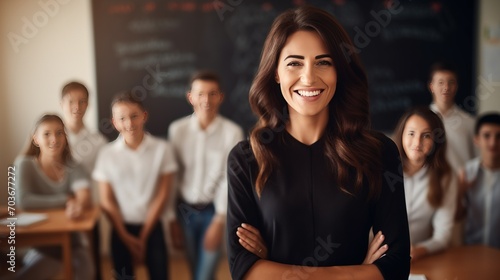 A warm and friendly teacher lady standing in front of a chalkboard, smiling as she engages with her students photo