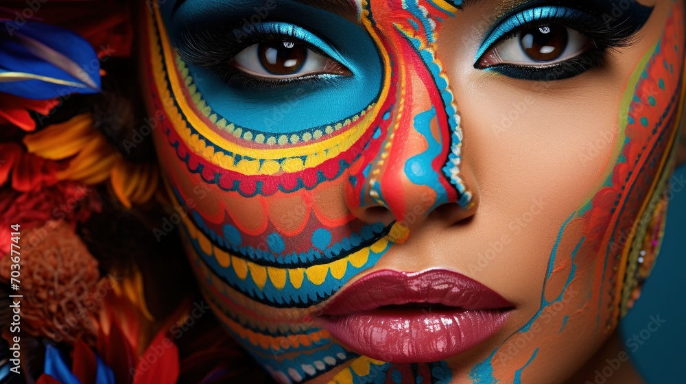 Close-up portrait of a fashion-forward woman with bold and colorful makeup, showcasing intricate details of her style
