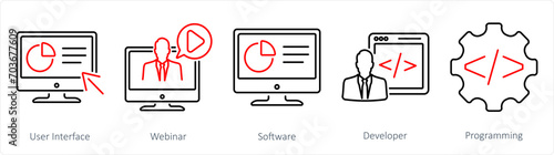 A set of 5 Internet Computer icons as user interface, webinar, software