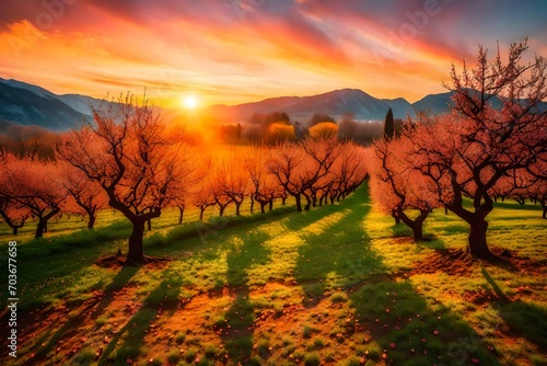 A Mountain Orchard Spring during a vibrant sunrise, warm colors painting the sky, the orchard awakening to the new day, dewdrops glistening on leaves