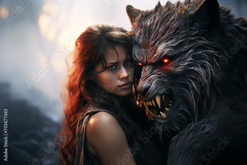 monster werewolf hugs girl in forest with fog