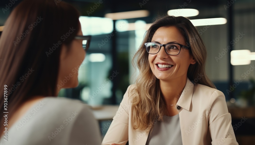 Two women wearing glasses chat during an office meeting sharing ideas and collaborating on projects with enthusiasm, hiring image for startups