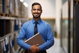 Smiling employee holds folder radiating positivity and professionalism at work, hiring image for job postings