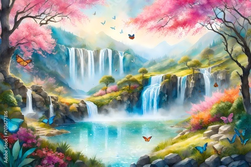 A lively Mountain Orchard Spring  featuring cascading waterfalls  colorful butterflies  and birds  a harmonious blend of nature s elements