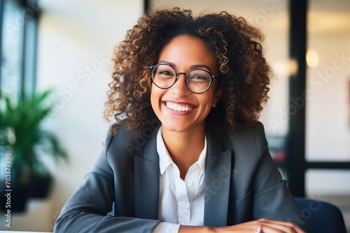 office woman sitting smiling in glasses, hiring image for job postings photo