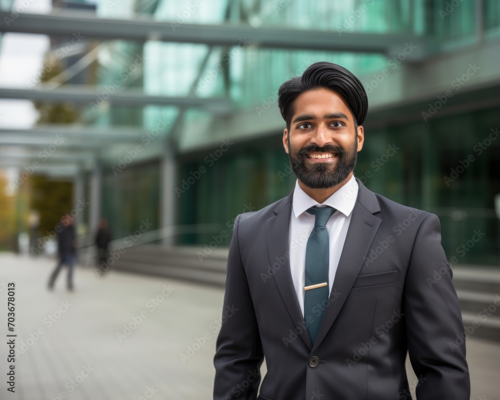 Happy indian man in formal attire standing in a walkway, professional job interview attire image