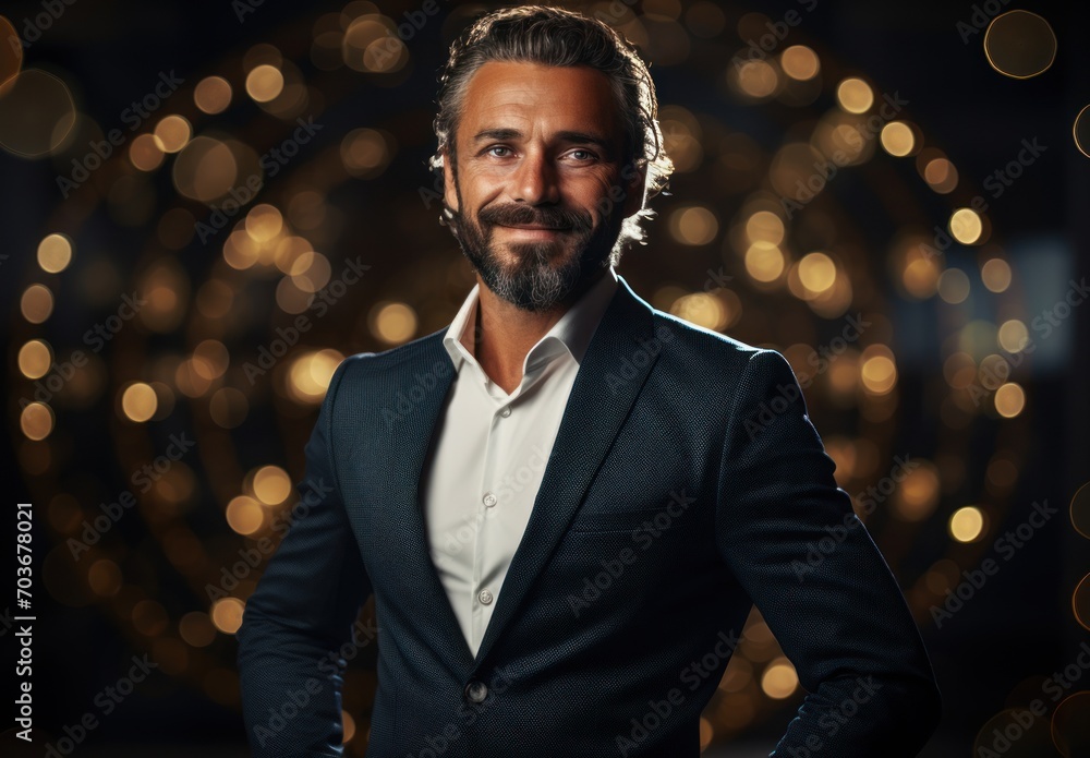 Happy businessman with a warm smile radiating positivity and confidence in a professional portrait, hiring image for startups