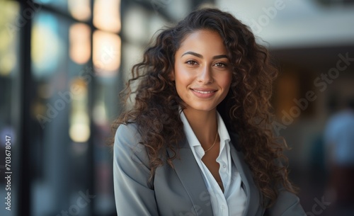 Business woman smiles with arms crossed in a stylish suit, hiring image for job postings photo
