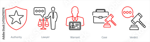 A set of 5 Justice icons as authority, lawyer, warrant