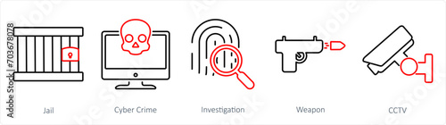 A set of 5 Justice icons as jail, cyber crime, investigation