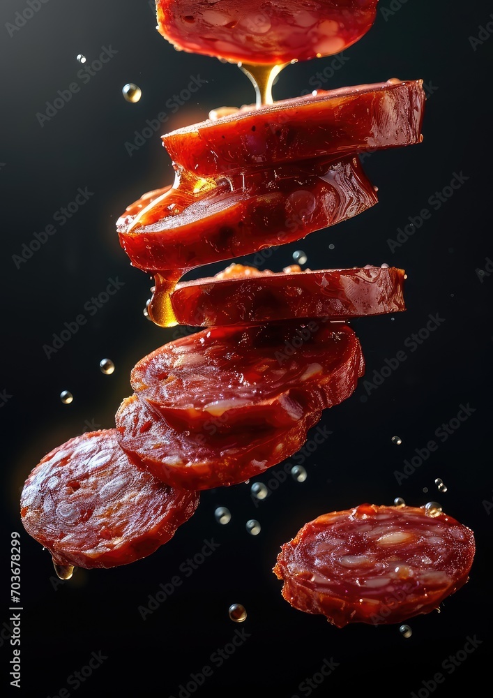 chinese cantonese sausage , sliced sausages, texture of pork, oily ,red, floating in the air - obrazy, fototapety, plakaty 