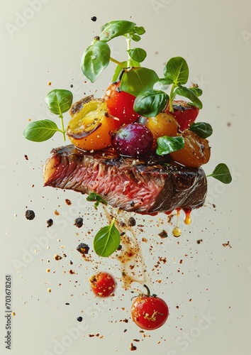 Food steaks meal taken apart and floating in the air With ingredients photo