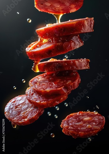 chinese cantonese sausage , sliced sausages, texture of pork, oily ,red, floating in the air