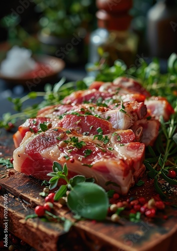 close-up photography,raw pork with vegetable leaves below, multi-layer display