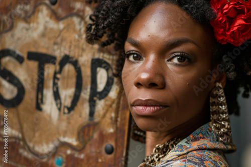 Stop concept image with black African american woman holding a sign with written word stop to represent fight against domestic violence , racism and sexual abuse photo
