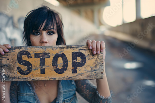 Stop concept image with woman holding a sign with written word stop to represent fight against domestic violence and sexual abuse photo