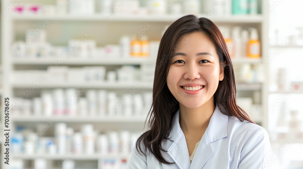 A smiling Asian female pharmacist welcoming customers, Portrait view. Blur drug store background