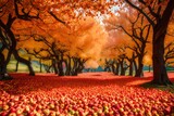 A Mountain Orchard Spring in the heart of autumn, leaves of trees turning vibrant shades of red and orange, fallen apples creating a colorful carpet