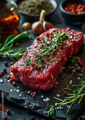 piece of meat on a black slate with herbs and spices