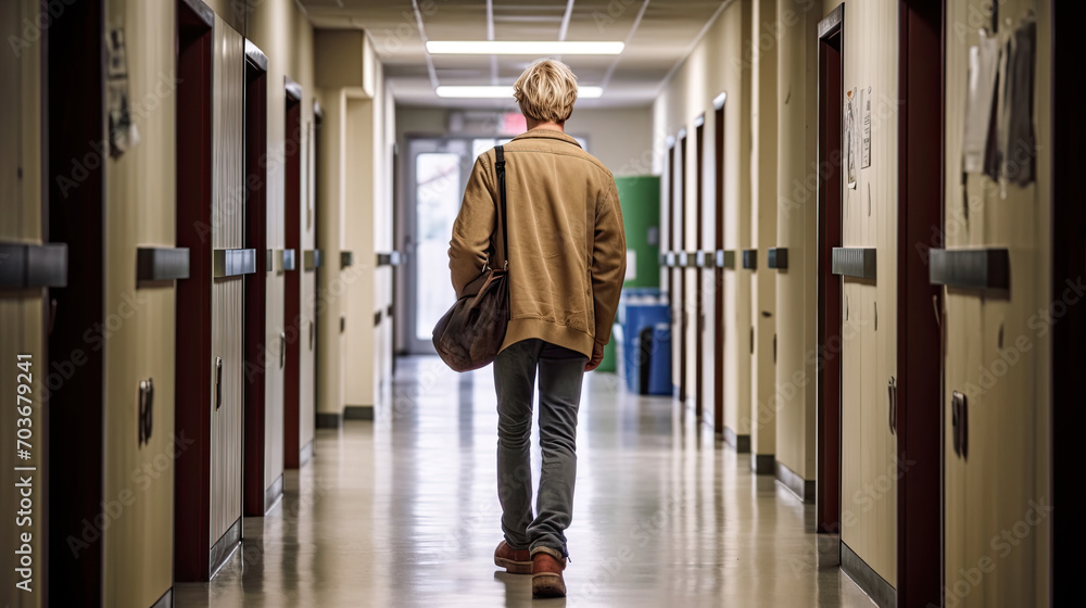 Teenager Walking Down empty school Hallway