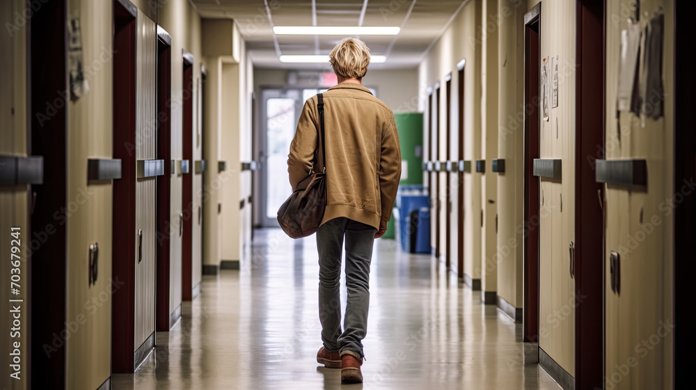 Teenager Walking Down empty school Hallway Teenager Walking Down empty school Hallway