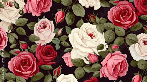 Beautiful roses background illustration. White, pink, and red flowers pattern.