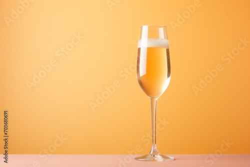 one glass of champagne on the table on a peach fuzz background. a festive alcoholic drink. copy the space.