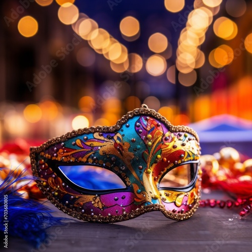 venetian carnival mask with decorative decorations, in the style of dark teal and light magenta, vibrant stage backdrops, light gold and orange, selective focus © MaskaRad