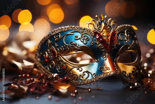 colorful carnival mask in venice with colorful decorations, in the style of dark gold and teal, enchanting realms