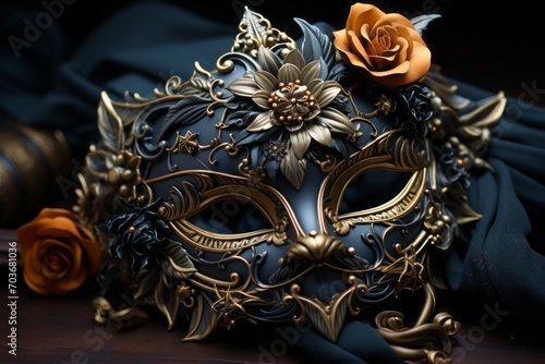 dark bronze and dark black masquerade mask on a black background. venetian mask, in the style of dark and moody vignettes.