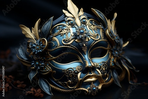dark bronze and dark black masquerade mask on a black background. venetian mask, in the style of dark and moody vignettes. © MaskaRad