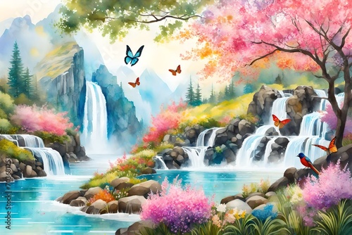 A lively Mountain Orchard Spring, featuring cascading waterfalls, colorful butterflies, and birds, a harmonious blend of nature's elements, the air filled with the scent of blooming flowers