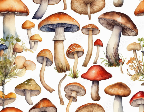 mushrooms different varieties watercolor drawing
