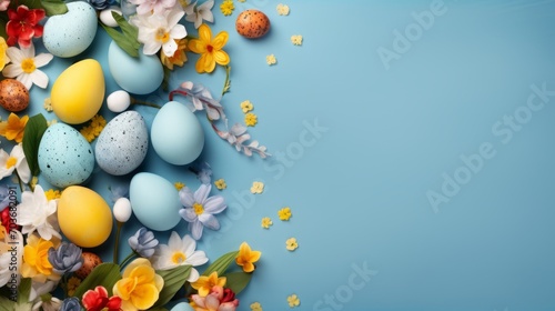 Easter delight  vibrant banner with eggs  bunnies  and blooms  creating a joyful atmosphere. Ample copy space for your easter greetings and wishes