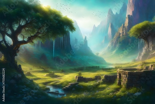A mystical Mountain Orchard Spring, hidden in a fog-covered valley, ancient ruins surrounding the spring, ethereal glow from mysterious symbols