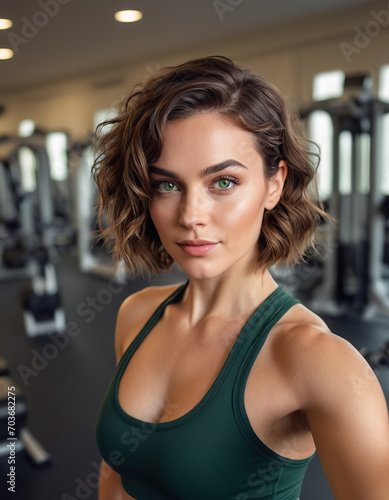 beautiful girl with pumped up, athletic body takes selfie in gym