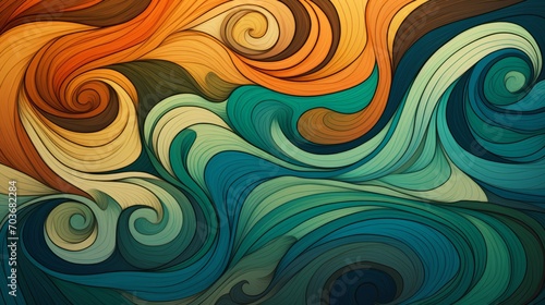 An abstract painting with vibrant waves and swirling patterns